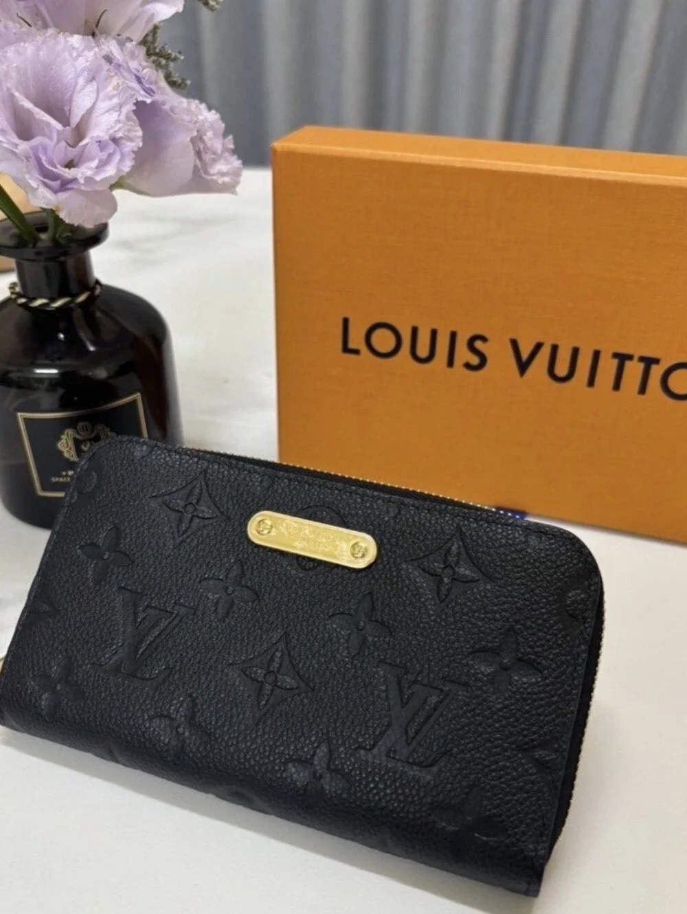 Louis Vuitton Black Embossed Monogram Zip Wallet with Gold Plate Accent